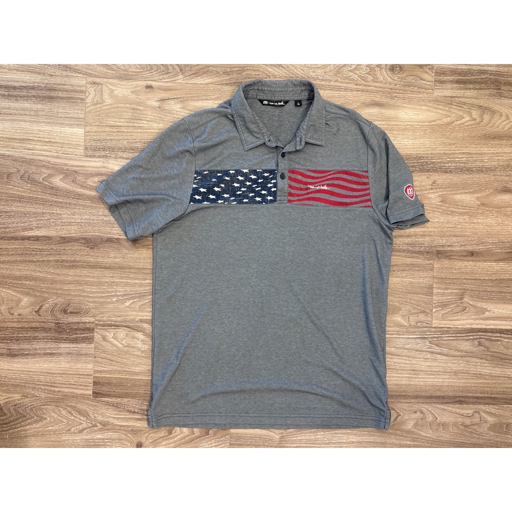 TravisMathew Mens Gray American Flag Stars Stripes Golf Polo Shirt Large